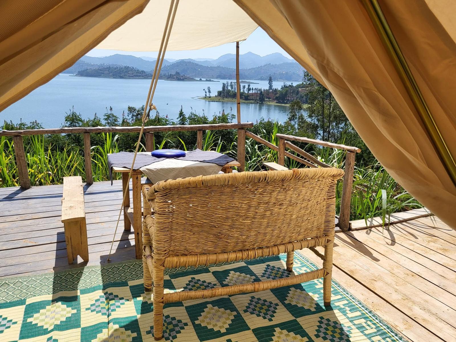 Lake Ruhondo and its islands, seen from the open tent onto the wooden deck